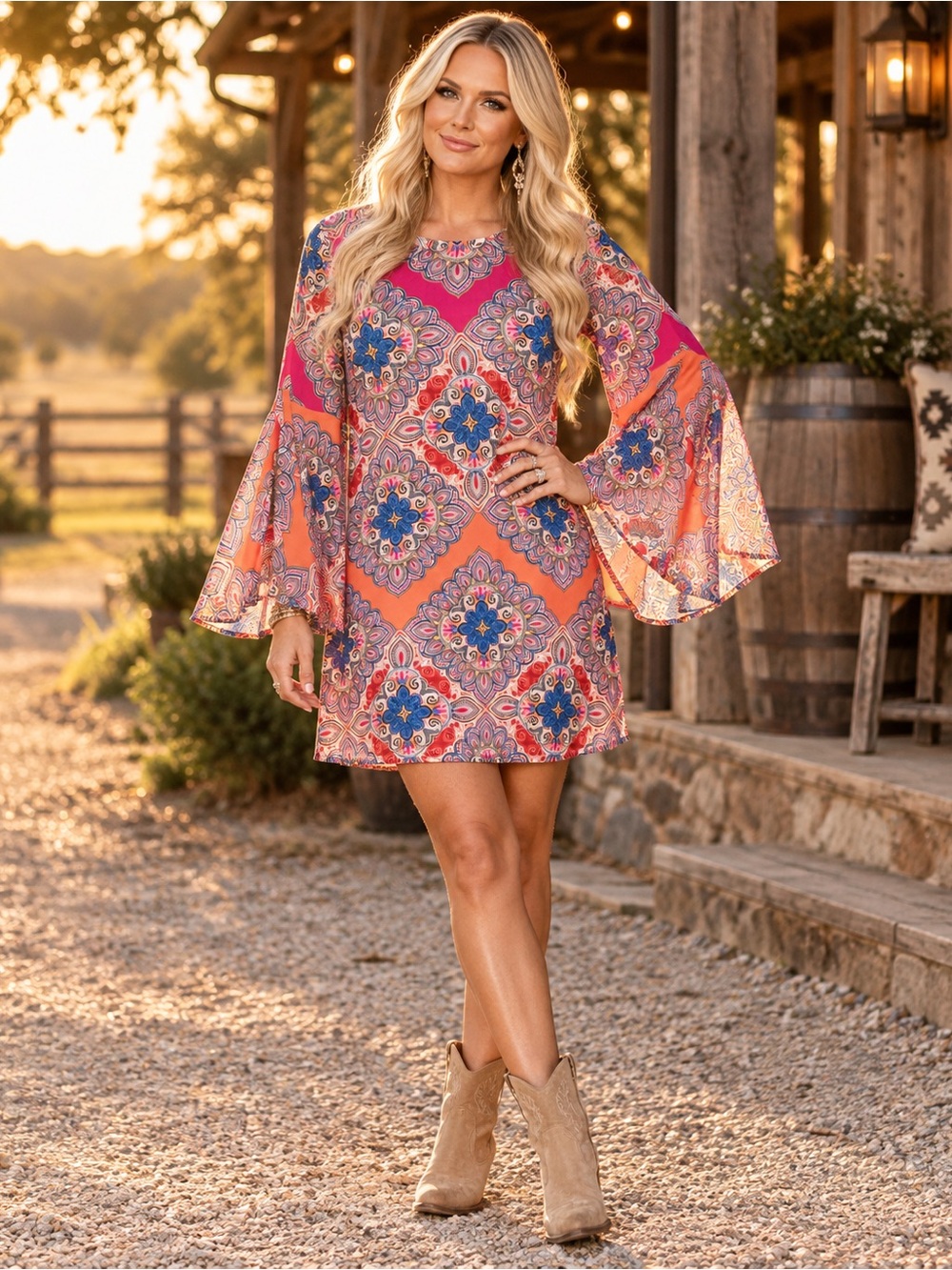 Uncle Frank Boho Bell Sleeve Shift Dress S fall pics earthy country concert USA